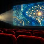 Editorial illustration of a film projector beam lighting a screen with a neural network pattern in an empty theater. Not a photo from the film or premiere.
