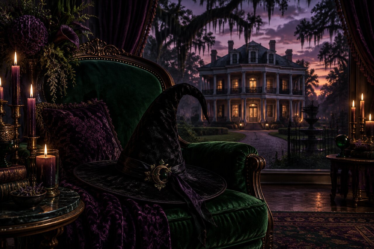 Editorial illustration of a gothic mansion at dusk with a witch hat on a chair. Not from American Horror Story and not a photo of Jessica Lange or the cast.