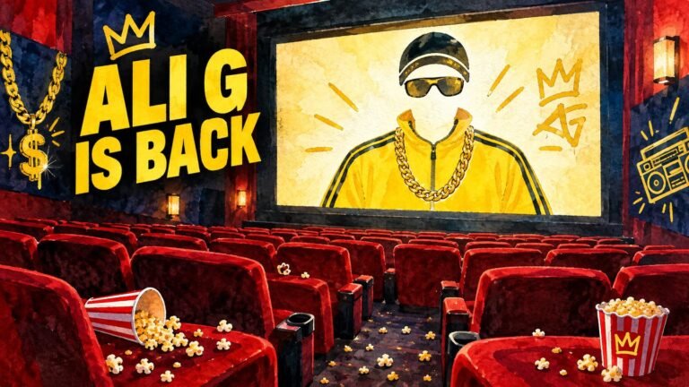 Ali G: Who Iz I? Release Date, Cast and Everything to Know 671 Watercolor illustration of an empty cinema with red seats and a screen showing a yellow tracksuit silhouette with a gold chain, with the text ALI G IS BACK
