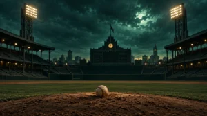 Illustration of a retro 1940s baseball stadium at dusk under an ominous green sky, a baseball resting on the pitcher’s mound