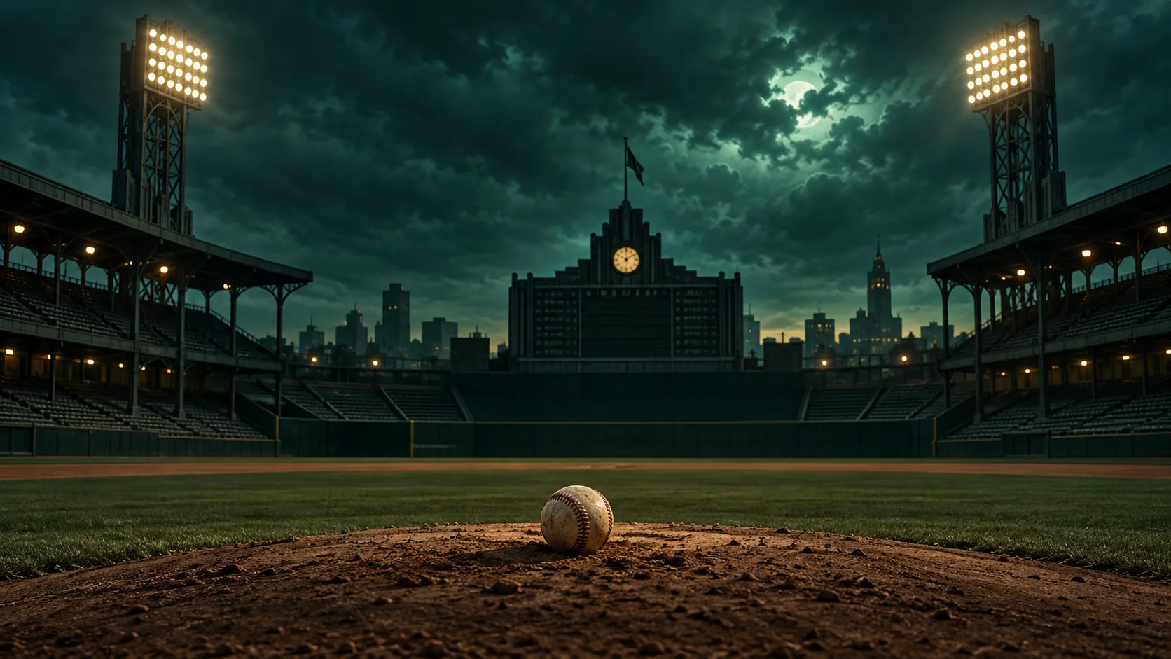 Illustration of a retro 1940s baseball stadium at dusk under an ominous green sky, a baseball resting on the pitcher’s mound