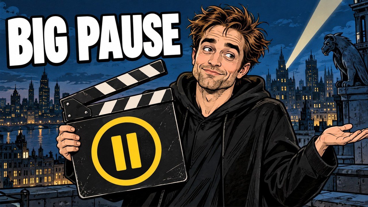 Editorial cartoon of Robert Pattinson shrugging with a PAUSE clapperboard over The Batman Part II production pause. Not a photograph.