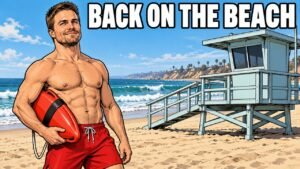 Baywatch reboot trailer editorial cartoon of Stephen Amell, not a photograph