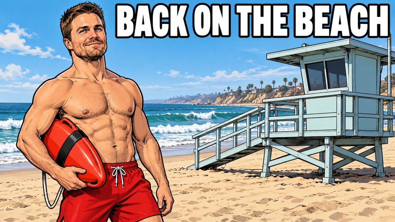 Baywatch reboot trailer editorial cartoon of Stephen Amell, not a photograph