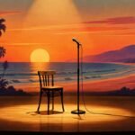Editorial illustration of an empty concert stage with a chair and microphone. Not a photo of the band or any real person.