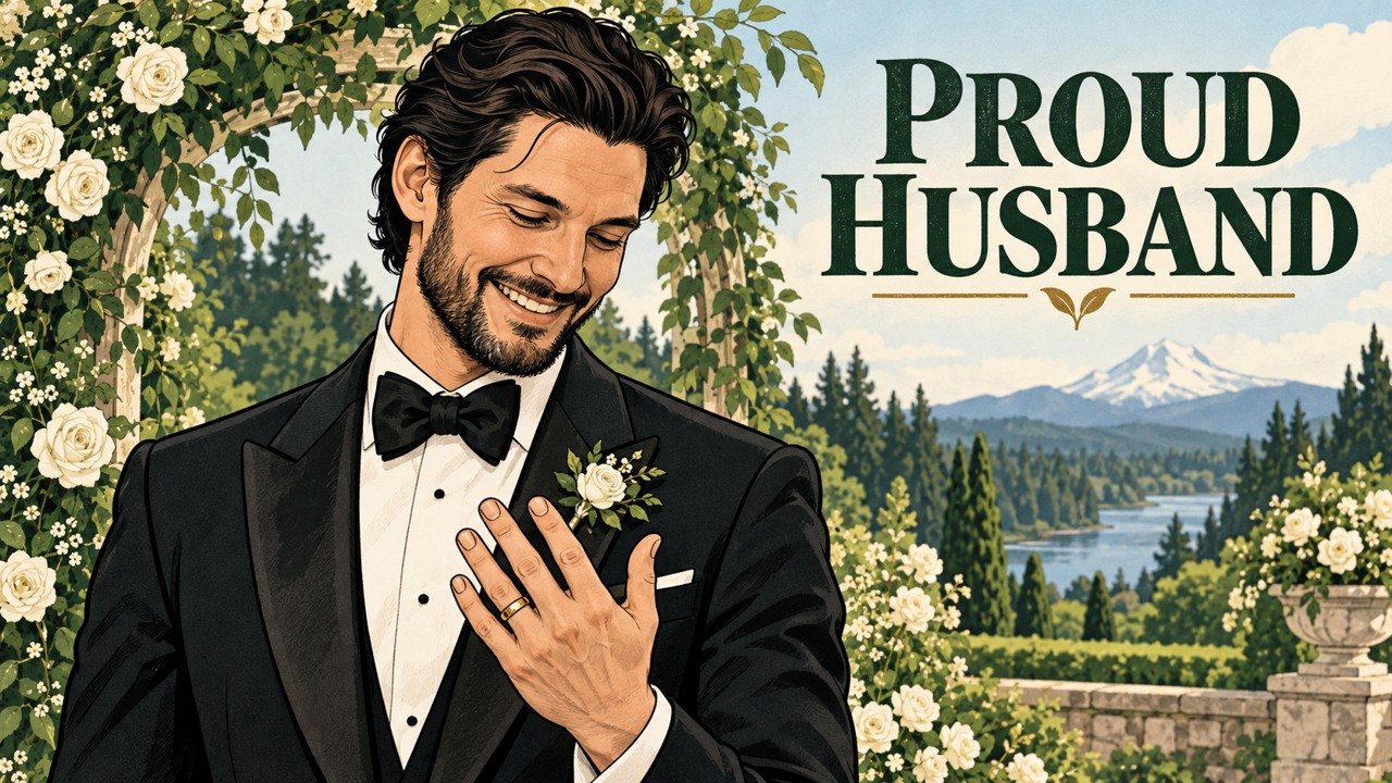 Editorial cartoon of Ben Barnes celebrating his marriage to Aubrey Cleland