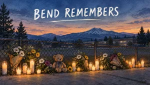 Kaylub Giamanco Identified as Bystander Who Stopped Silver Rail Elementary Gunman in Bend, Oregon 3 Editorial illustration of a candlelight vigil with candles, flowers and a teddy bear along a school fence at dusk, headlined Bend Remembers