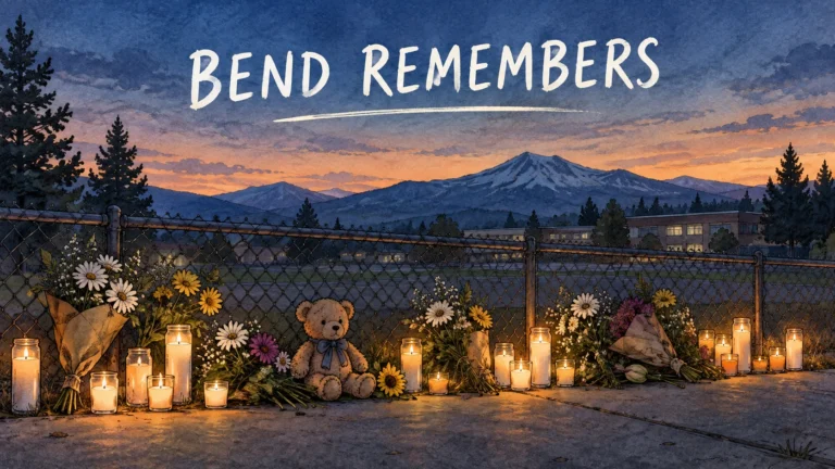 Kaylub Giamanco Identified as Bystander Who Stopped Silver Rail Elementary Gunman in Bend, Oregon 678 Editorial illustration of a candlelight vigil with candles, flowers and a teddy bear along a school fence at dusk, headlined Bend Remembers