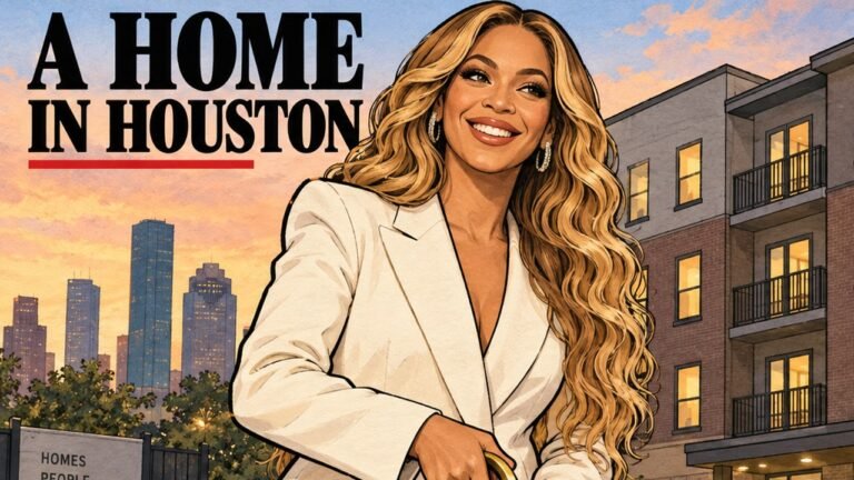 Beyoncé, Blue Ivy and Rumi Join Houston Opening of 31-Home Knowles-Rowland House 43 Beyoncé Houston housing opening: editorial cartoon of the singer outside apartments. Not an event photograph.