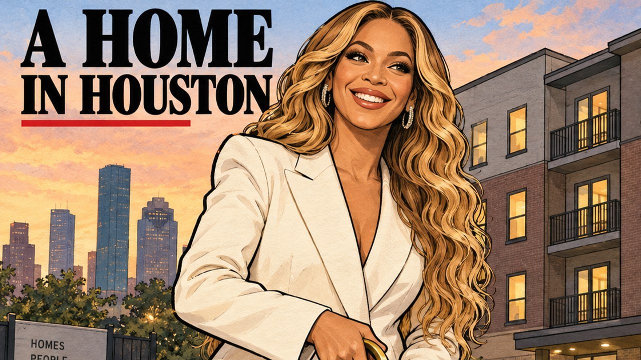 Beyoncé Houston housing opening: editorial cartoon of the singer outside apartments. Not an event photograph.