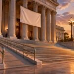 Apple Releases Trailer for Siân Heder's "Being Heumann" With Ruth Madeley and Mark Ruffalo Editorial illustration of a government building at dusk. Not a still from the film.