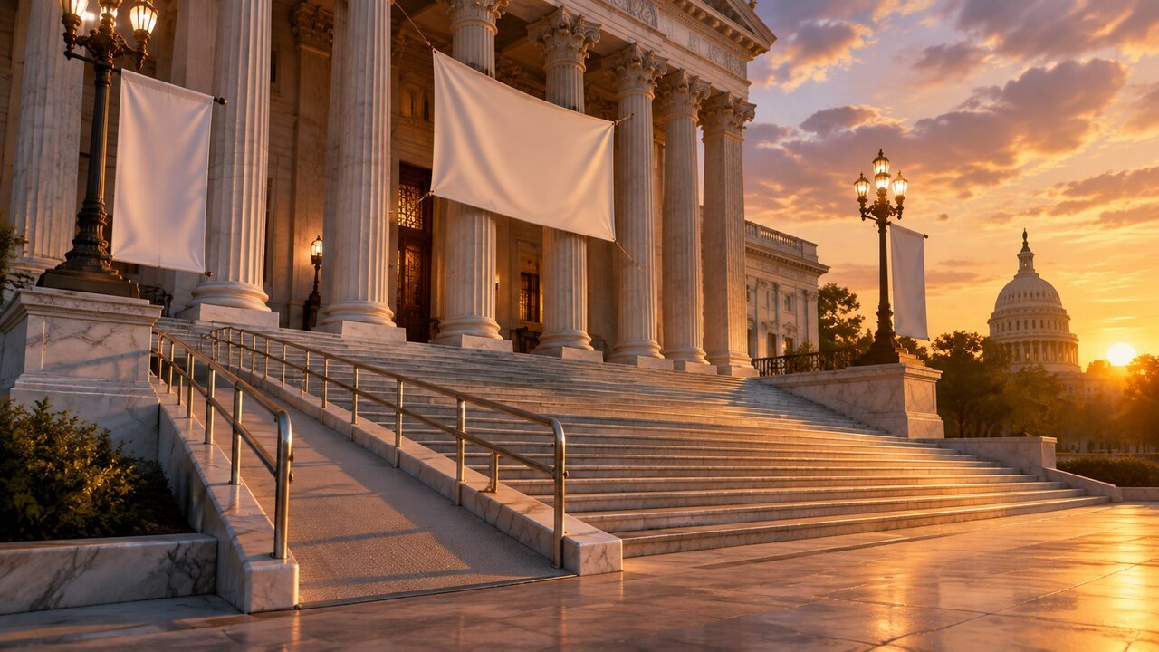 Editorial illustration of a government building at dusk. Not a still from the film.