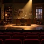 Billy Crystal Finds Humor in Loss With "860," His Broadway Show About the Home He Lost Editorial illustration for the Billy Crystal 860 Broadway story: a stage set styled as a home office with empty theater seats, not a photo of the actual production