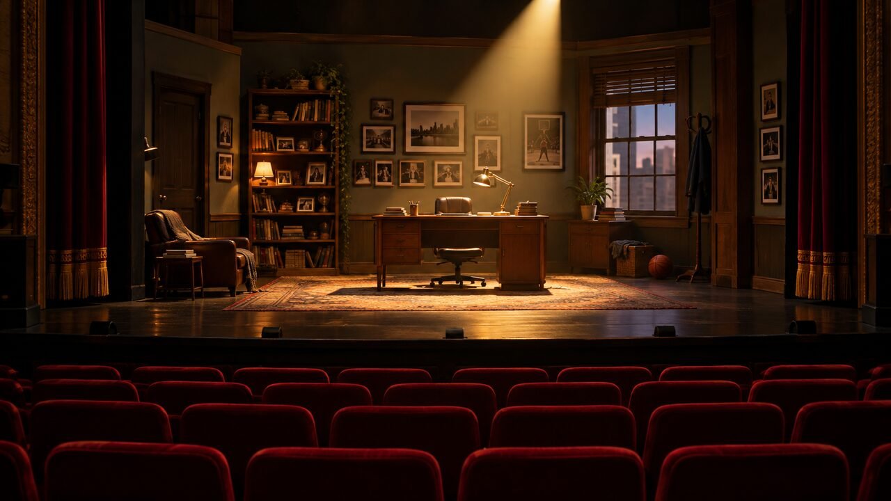 Editorial illustration for the Billy Crystal 860 Broadway story: a stage set styled as a home office with empty theater seats, not a photo of the actual production