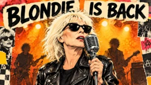 Cartoon of Debbie Harry singing into a vintage microphone on stage