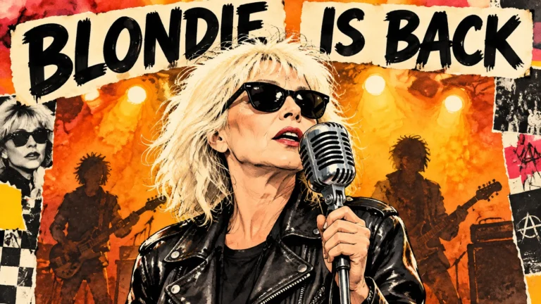 Blondie Announce New Album 'High Noon' for February 2027, Share Single 'Spectral Eyes' 37 Cartoon of Debbie Harry singing into a vintage microphone on stage