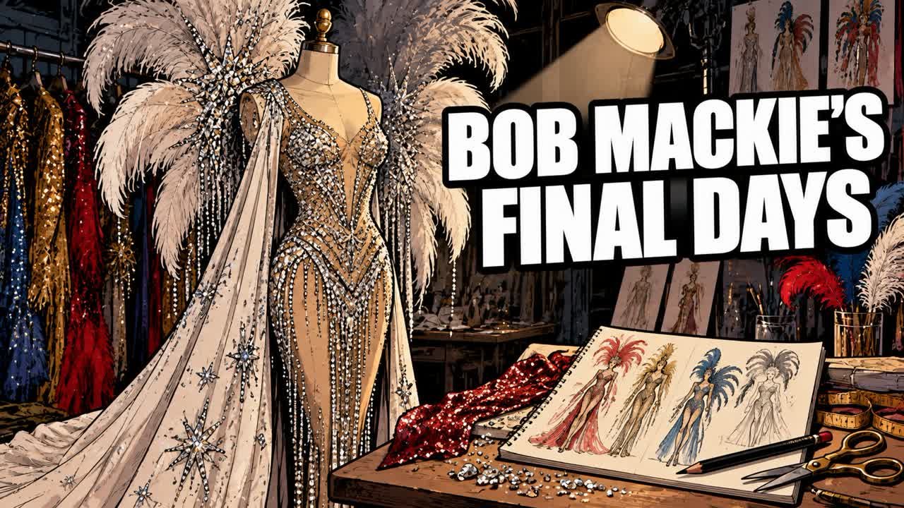 Editorial illustration of a sequined costume gown on a dress form with design sketches, not a photograph
