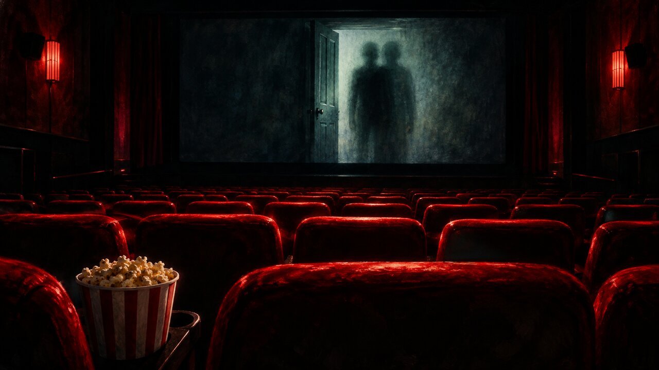 Editorial illustration of a dark, empty movie theater with a shadowy doorway on the screen. It is not a scene from any film.