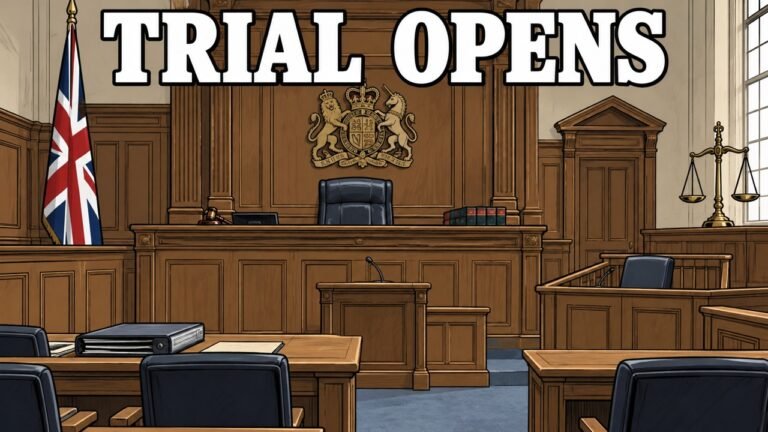 Russell Brand trial neutral courtroom editorial illustration, not a photograph