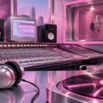 Editorial illustration of a vintage recording studio with a mixing console and vinyl record. Not a photo of the artists.