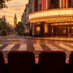 Sam Mendes' Four Beatles Films Are Set for April 2028, Producer Pippa Harris Says Editorial illustration of a London crosswalk and empty cinema seats. Not a still from the films.