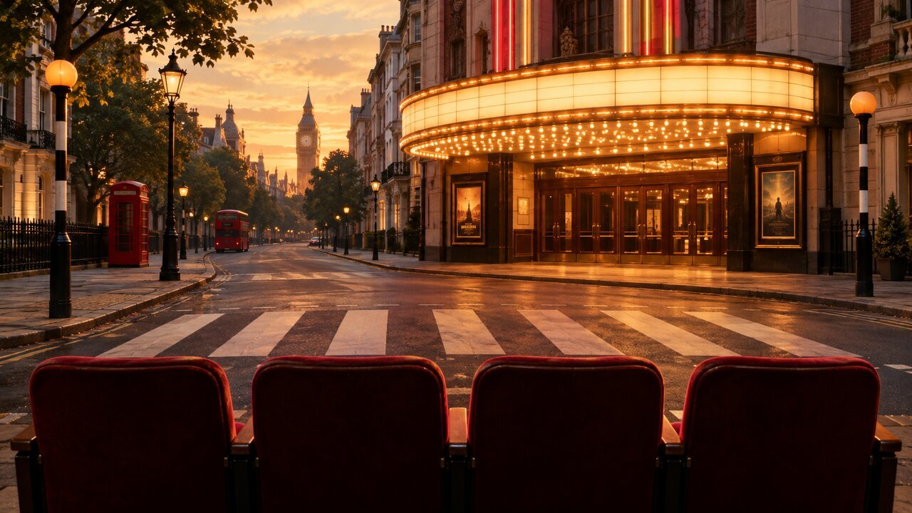 Editorial illustration of a London crosswalk and empty cinema seats. Not a still from the films.