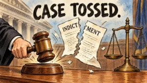 Timothy Busfield Indictment Dismissed: Why a Judge Tossed the Case and What Happens Next 4 Editorial cartoon of a judge gavel striking beside a torn indictment document and the scales of justice, headlined Case Tossed