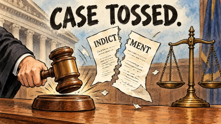 Timothy Busfield Indictment Dismissed: Why a Judge Tossed the Case and What Happens Next 666 Editorial cartoon of a judge gavel striking beside a torn indictment document and the scales of justice, headlined Case Tossed