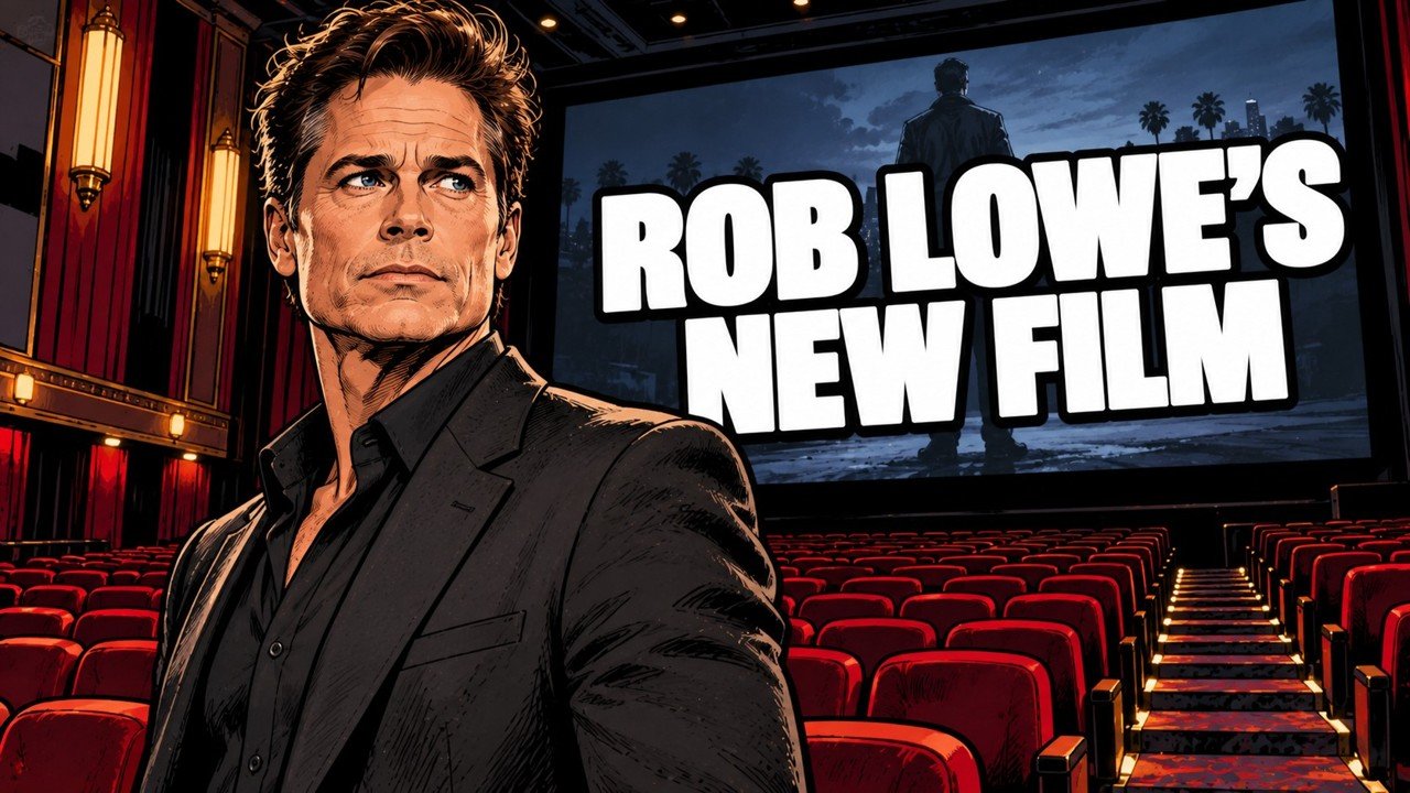 Editorial cartoon, not a photograph: Rob Lowe in an empty movie theater for the Confession movie