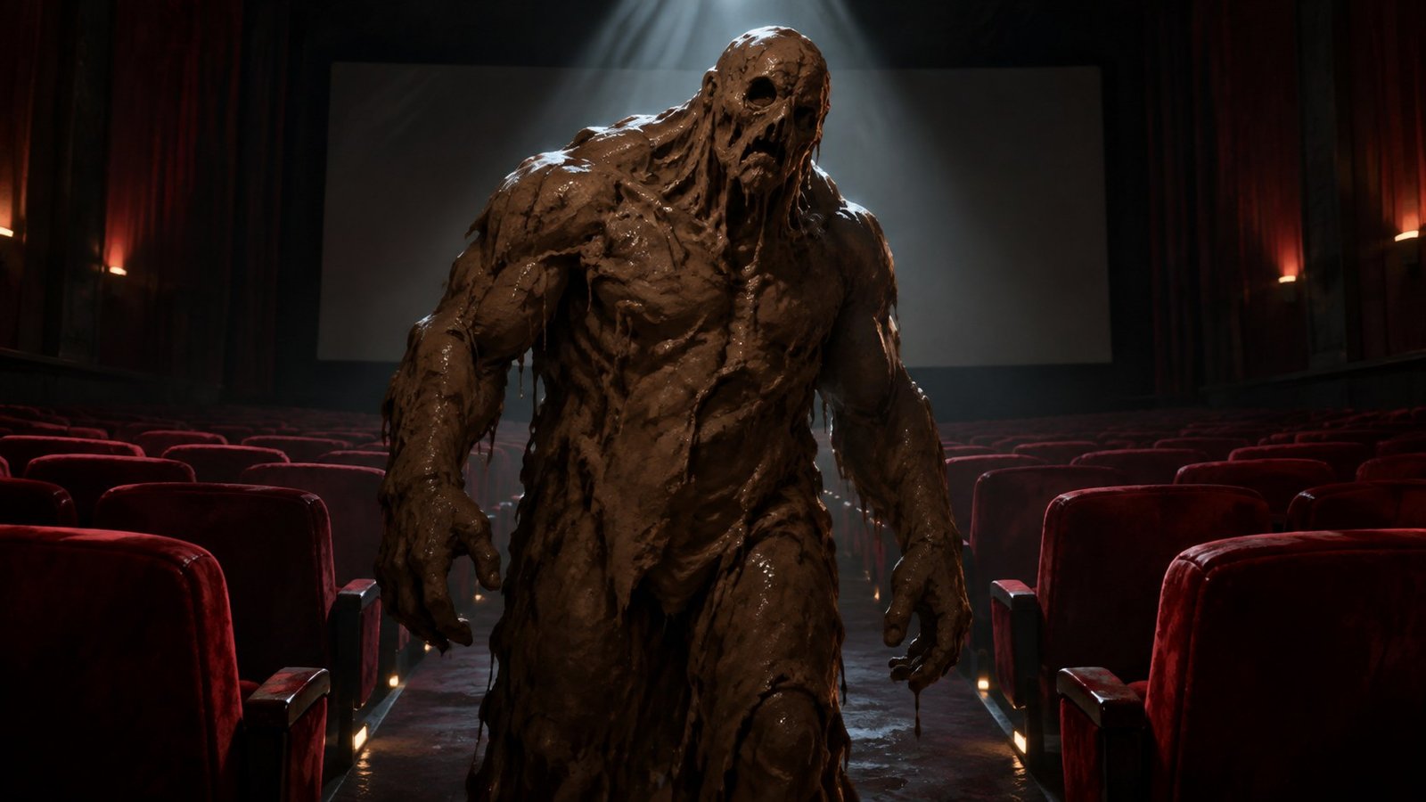 Illustration of the Clayface creature standing in an empty movie theater, for a Clayface box office opening weekend report