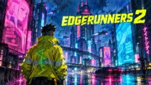 Watercolor illustration of a figure in a glowing yellow jacket seen from behind on a rain-soaked neon Night City street, with the text EDGERUNNERS 2
