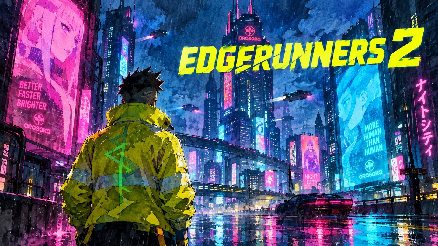 Watercolor illustration of a figure in a glowing yellow jacket seen from behind on a rain-soaked neon Night City street, with the text EDGERUNNERS 2