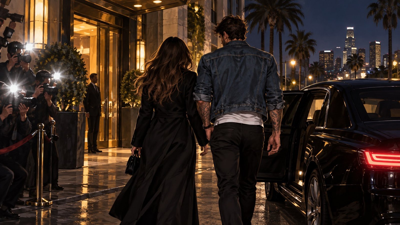Illustration of a couple leaving a Los Angeles hotel at night, representing Dakota Johnson and MGK’s reported outings