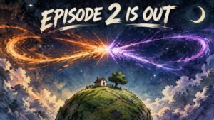 Hand-drawn editorial illustration of two glowing energy trails clashing over a tiny planet with a small house, for Dragon Ball Super Beerus episode 2 streaming now