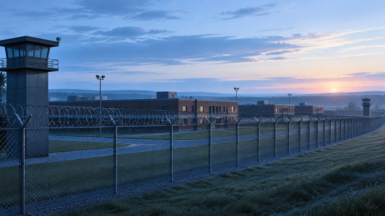 Editorial illustration of a prison perimeter fence at dawn. Not the actual facility.