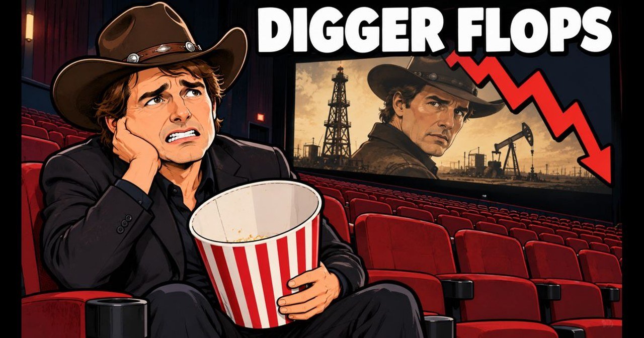 Editorial cartoon of Tom Cruise in a cowboy hat sitting in an empty movie theater with an empty popcorn bucket. An illustration, not a photograph.