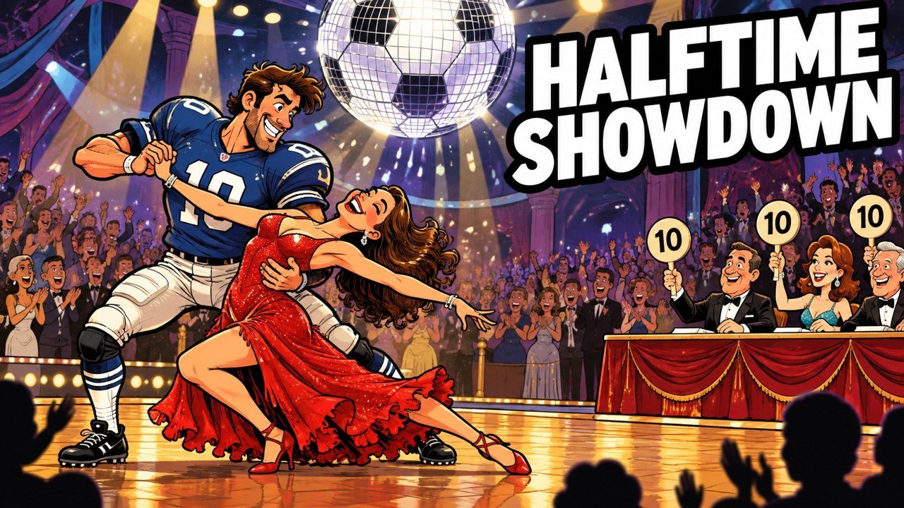 Dancing With the Stars Super Bowl Night editorial cartoon of a football player dancing, not a photograph