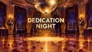 Watercolor illustration of an empty ballroom with a glittering disco ball, a single spotlight and rose petals on the floor, with the text DEDICATION NIGHT