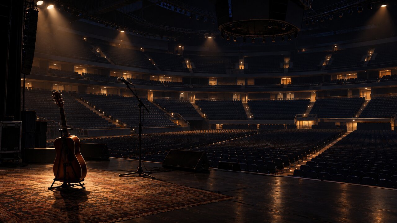 Editorial illustration of an empty arena at night with a lone guitar. Not a photo of the venue or any real person.
