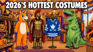 Spirit Halloween's Top Costume Trends for 2026: What Everyone Will Wear This Year Cartoon of a Spirit Halloween style costume shop with 2026's trending costumes: an orange unicorn mascot suit, Greek warrior armor, a hockey jersey and an inflatable dinosaur