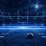 Lions RB Jahmyr Gibbs Passes Barry Sanders for Most NFL Touchdowns Before Age 25 Editorial illustration of an empty football stadium at night with a football on the turf. Not a photo of the game or any real player.