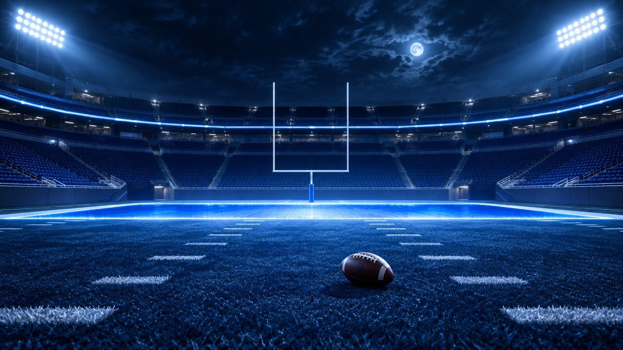 Editorial illustration of an empty football stadium at night with a football on the turf. Not a photo of the game or any real player.