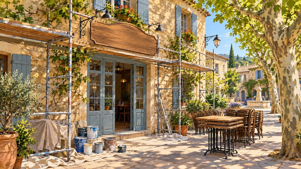 George Clooney Italian restaurant in Cotignac: a Provencal village storefront under renovation on a sunny street