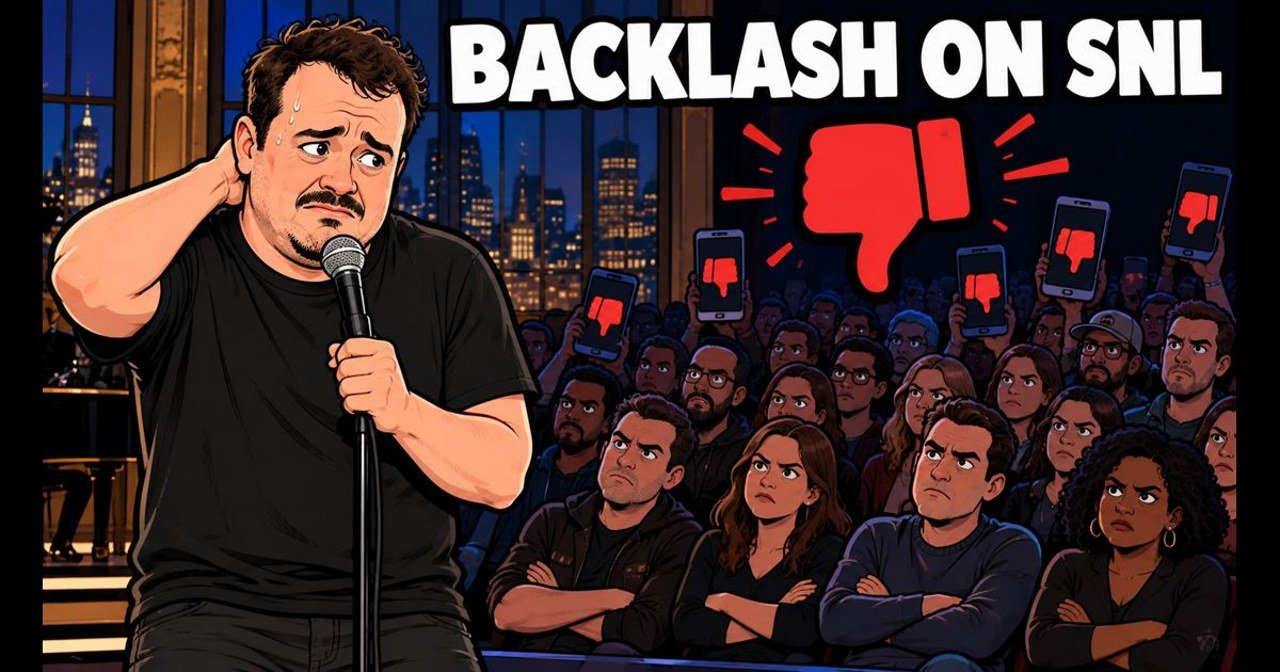 Dan Levy Slams Shane Gillis' SNL Monologue 2 Editorial cartoon of a comedian sweating at a microphone as an audience frowns and holds up thumbs-down phones. An illustration, not a photograph.
