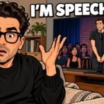 Dan Levy Slams Shane Gillis' SNL Monologue Editorial cartoon of Dan Levy looking shocked at his phone while a comedian stands silent on a stage on TV. An illustration, not a photograph.