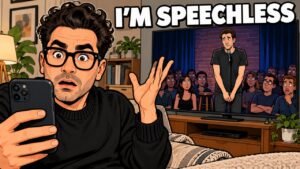 Dan Levy Slams Shane Gillis' SNL Monologue 3 Editorial cartoon of Dan Levy looking shocked at his phone while a comedian stands silent on a stage on TV. An illustration, not a photograph.