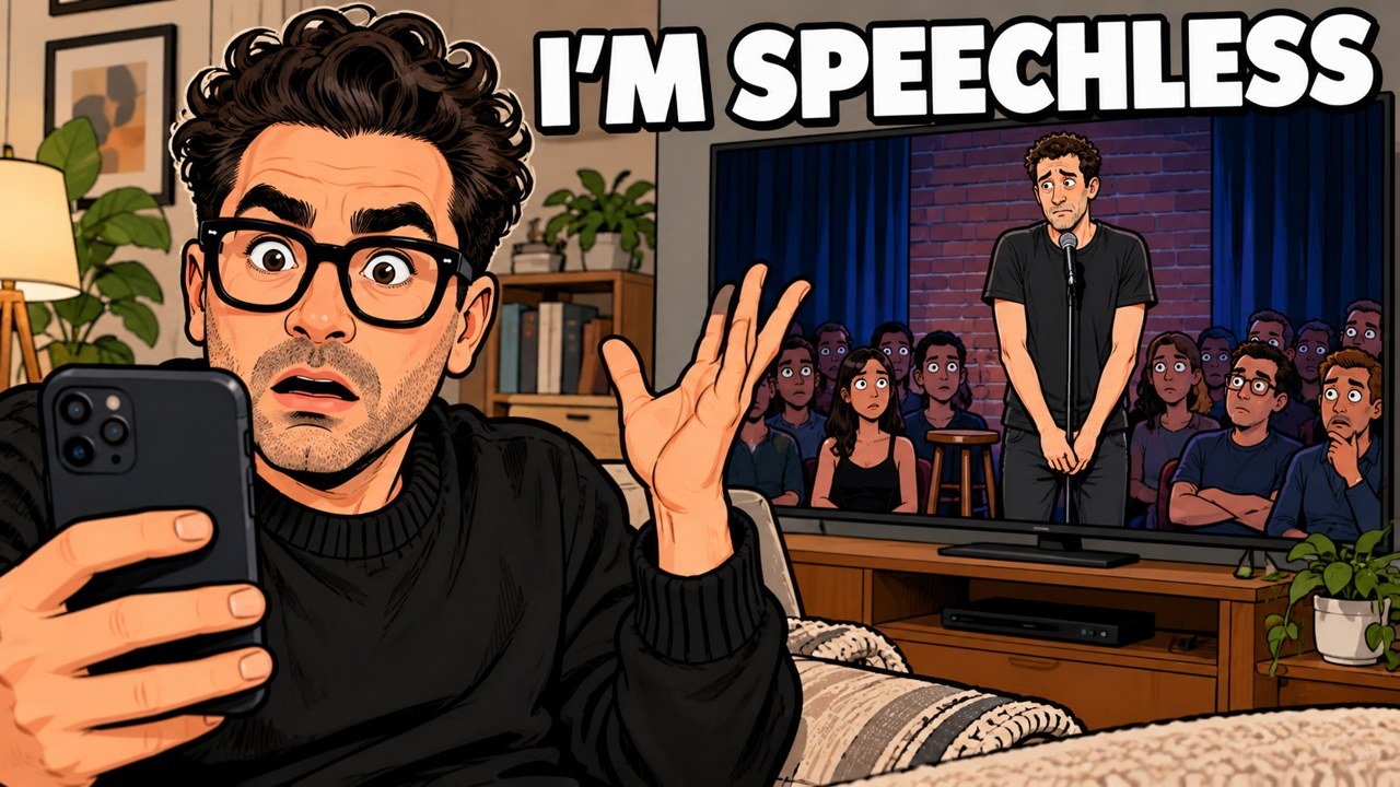 Editorial cartoon of Dan Levy looking shocked at his phone while a comedian stands silent on a stage on TV. An illustration, not a photograph.