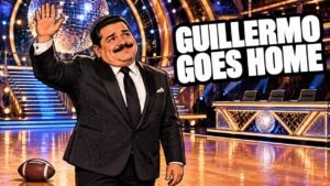 Editorial cartoon of Guillermo Rodriguez waving goodbye on the Dancing with the Stars floor, not a photograph