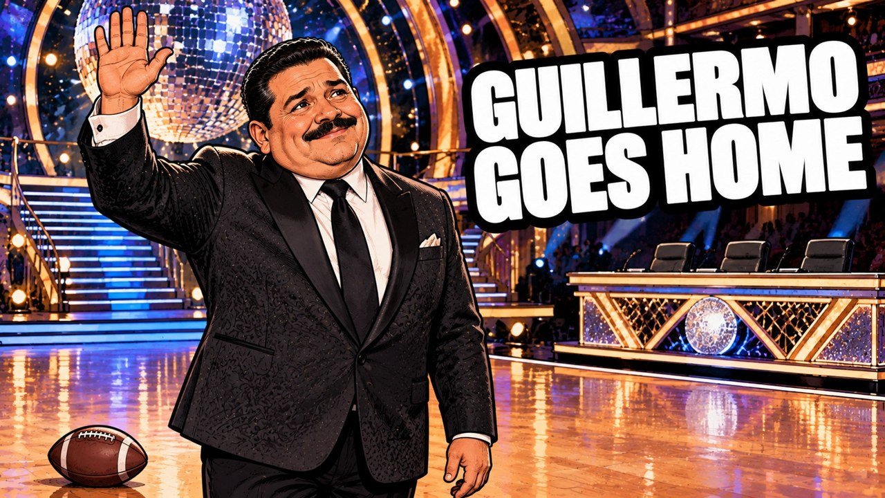 Editorial cartoon of Guillermo Rodriguez waving goodbye on the Dancing with the Stars floor, not a photograph