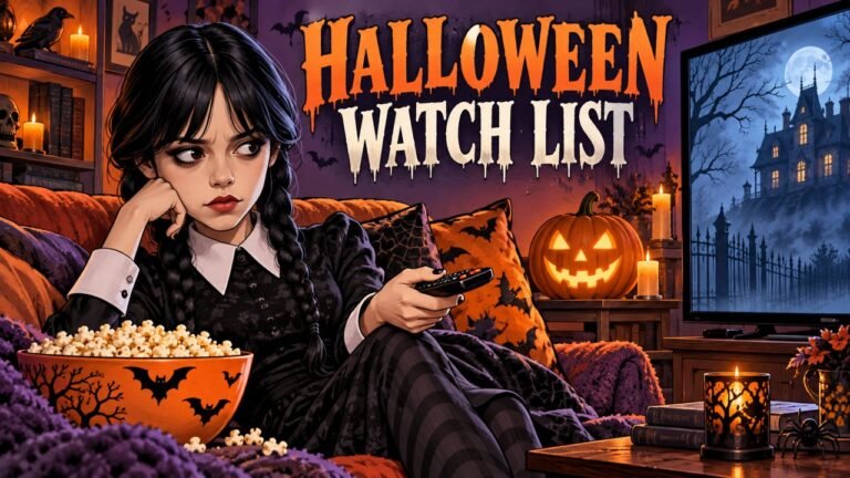 Editorial illustration of Jenna Ortega as Wednesday with a remote and Halloween decorations. Not an official poster.